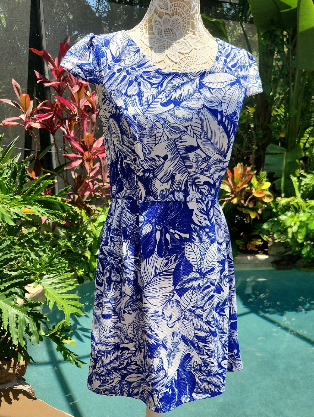 Enfocus Studio Blue & White Tropical Print Mini Dress